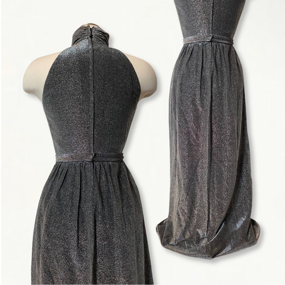 Vintage 1970s Silver Metallic Studio 54 Keyhole Jewel Belted Halter Maxi Dress - Picture 10 of 15